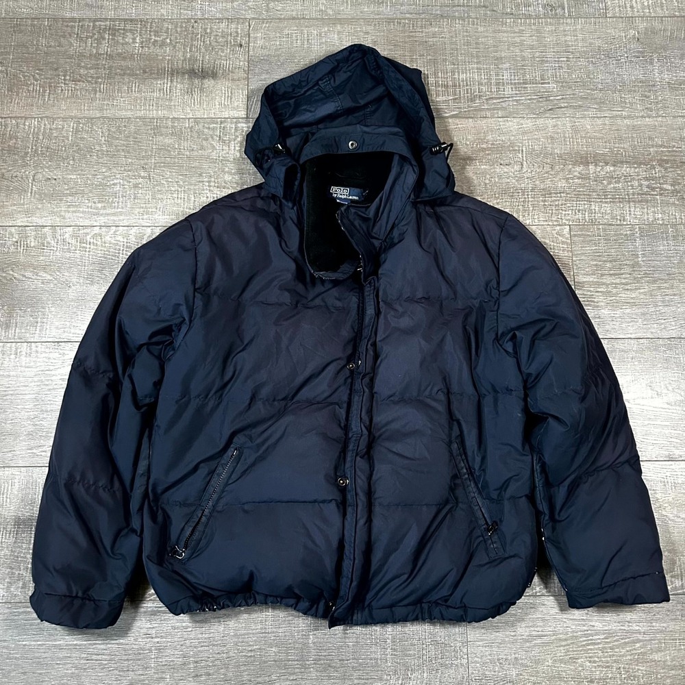 VTG Y2K‎ Polo Ralph Lauren Puffer Jacket Men's XL Black Full Zip Hooded Outdoor